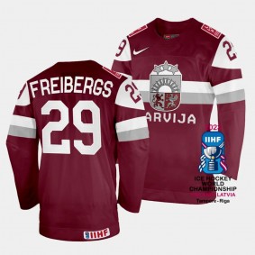 Ralfs Freibergs Latvia Hockey 2023 IIHF World Championship Away Jersey Maroon