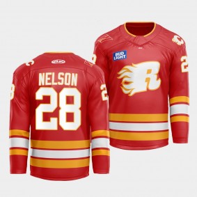 Flames X Rush X CGY Wranglers Logan Nelson Rapid City Rush Warmup #28 Red Jersey