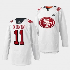 San Jose Sharks 2022 49er Mash-Up Luke Kunin #11 White Jersey Specialty Warm-Up