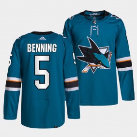 San Jose Sharks Primegreen Authentic Matt Benning #5 Teal Jersey Home