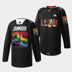 Vegas Golden Knights Mattias Janmark LGBTQ Pride Night 2022 #26 Black Jersey Rainbow Practice