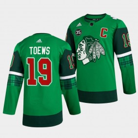 St. Patricks Day Jonathan Toews Chicago Blackhawks 19 Green Warm-Up Jersey