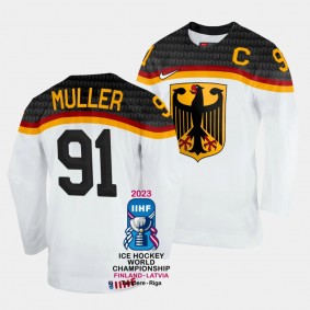 Germany 2023 IIHF World Championship Moritz Muller #91 White Jersey Home