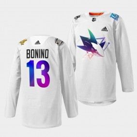 San Jose Sharks Nick Bonino Pride Night 2022 #13 White Jersey HockeyIsForEveryone