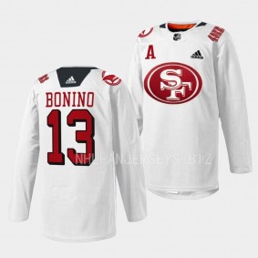 San Jose Sharks 2022 49er Mash-Up Nick Bonino #13 White Jersey Specialty Warm-Up