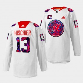 New Jersey Devils Nico Hischier Gender Equality Night #13 White Jersey Warm-up