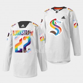 Seattle Kraken 2023 LGBTQ Pride Night Oliver Bjorkstrand #22 White Jersey warmup