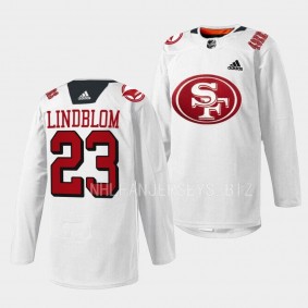 San Jose Sharks 2022 49er Mash-Up Oskar Lindblom #23 White Jersey Specialty Warm-Up