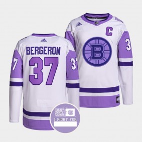 Boston Bruins Patrice Bergeron Hockey Fights Cancer Jersey #37 White Purple Primegreen Authentic