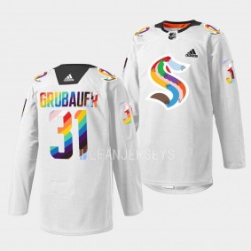 Seattle Kraken 2023 LGBTQ Pride Night Philipp Grubauer #31 White Jersey warmup