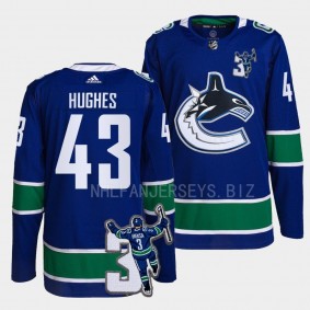 Vancouver Canucks Kevin Bieska patch Quinn Hughes #43 Blue Home Jersey Men's