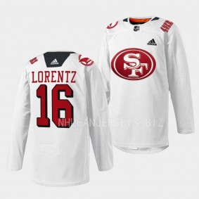 San Jose Sharks 2022 49er Mash-Up Steven Lorentz #16 White Jersey Specialty Warm-Up