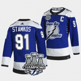 3x Stanley Cup Champions Tampa Bay Lightning Steven Stamkos Blue Reverse Retro 91 Jersey