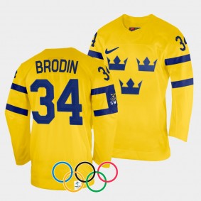 Sweden Hockey #34 Daniel Brodin 2022 Winter Olympics Yellow Jersey Home