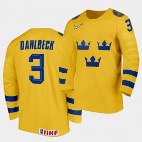 Sweden Team Klas Dahlbeck 2021 IIHF World Championship #3 Home Yellow Jersey