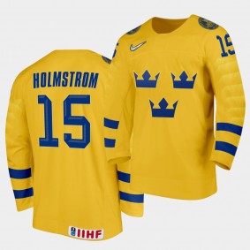 Simon Holmstrom Sweden Team 2021 IIHF World Junior Championship Jersey Home Gold