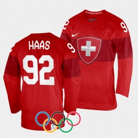 Switzerland Hockey 2022 Winter Olympics Gaetan Haas #92 Red Jersey Home