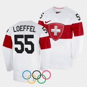 Romain Loeffel Switzerland Hockey 2022 Winter Olympics #55 White Jersey Away