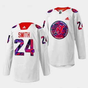 New Jersey Devils Ty Smith Gender Equality Night #24 White Jersey Warm-up