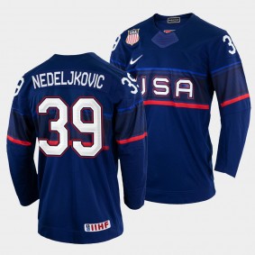 Alex Nedeljkovic 2022 IIHF World Championship USA Hockey #39 Navy Jersey Away