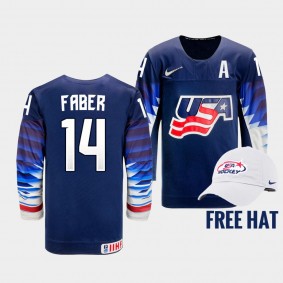 Brock Faber USA Hockey 2022 IIHF World Junior Championship Free Hat Jersey Blue