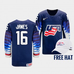 Dominic James USA Hockey 2022 IIHF World Junior Championship Free Hat Jersey Blue