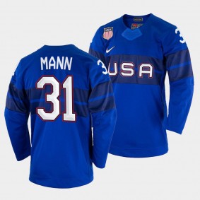 USA Hockey #31 Strauss Mann 2022 Winter Olympics Royal Jersey