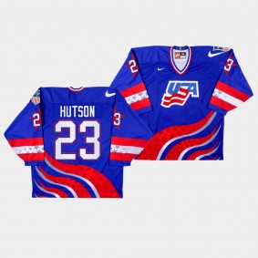 USA U18 Team #23 Lane Hutson NTDP 25th anniversary Royal Jersey Alternate