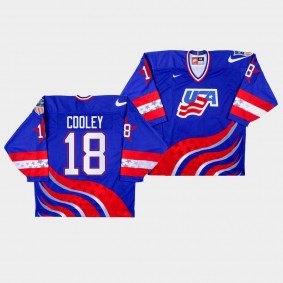 USA U18 Team #18 Logan Cooley NTDP 25th anniversary Royal Jersey Alternate