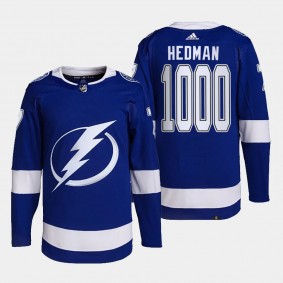 Tampa Bay Lightning 1000 Career Games Victor Hedman #77 Blue Authentic Home Jersey Men's